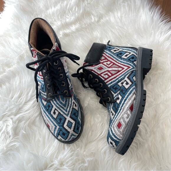 Weavers Alaska | Unisex Women’s Hiking Boots Blue Black Geometric Pattern Boho - Picture 1 of 9